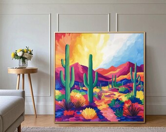 Desert Sunset Cactus Oil Painting: Warm Earth Tone Canvas Art