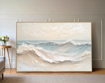Dipinto con onde oceaniche strutturate: tela artistica con paesaggio marino in impasto 3D