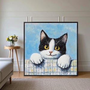 Peinture à l'huile originale de chat, portrait de chat souriant sur toile, peinture de petit chaton, décoration murale oeuvre d'art animalière à l'huile, cadeau pour amoureux des animaux chat