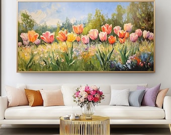 Large Floral Tulip Field Painting Original : Modern Botanical Wall Art Flower Decor Home