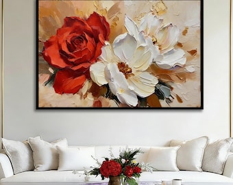 Texture Impasto Floral Painting: Red Rose Canvas Art for Room Decor