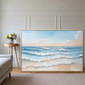Blue Ocean Wave Canvas: Handmade Coastal Texture, Framed Seascape
