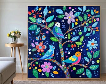 Folk Art Bird Painting: Colorful Floral Tree, Original Blue Landscape Canvas Wall Art
