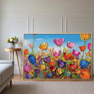 Peinture à l&#39;huile originale de tulipe : fleurs d&#39;empâtements abstraits, art texturé