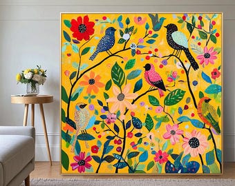 Colorful Bird Folk Painting,Nature Inspired Wall Art Birds Whimsical Floral Canvas Playful Decor Folk Flower Contemporary Painting Gift