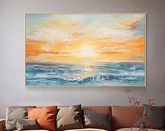 Original Yellow Sunrise Oil Painting: Abstract Seascape Wave Art