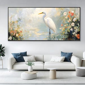 Pintura al óleo abstracta de garceta: arte paisajístico de aves tropicales
