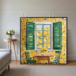 Yellow Flowers Oil Painting: Vintage Window View Art