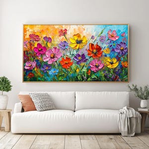 Textured Floral Oil Painting On Canvas: Colorful Landscape Art