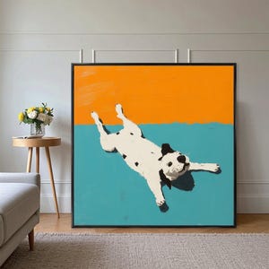 Tableau blanc chiot joyeux, peinture à l'huile post-minimaliste originale sur toile, cadeau pour amateur d'art moderne, parfait pour les salons modernes