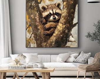Raccoon Oil Painting on Canvas - Wildlife Art, Framed