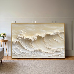Grand art mural 3D blanc texturé, peinture minimaliste beige de paysage marin de plage, décoration de salon moderne, peinture abstraite de vagues de l'océan sur toile