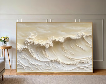 3D Textured Seascape Painting: Beige Abstract Ocean Wave Canvas Art