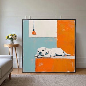 Dipinto ad olio di cane sdraiato, dipinto a colori su tela per cuccioli, decorazione originale fatta a mano per la casa, sfondo arancione verde acqua, regalo per amanti dei cani