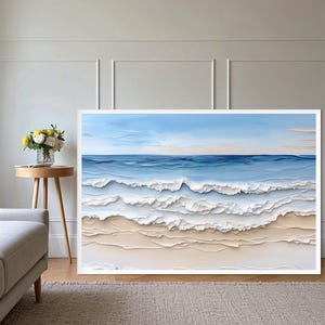 Ocean Painting on Canvas, Hand Painted Wave Art, Coastal Texture Technique, Seascape Wall Decor, Minimalist Living Room Art,Gift for Mather
