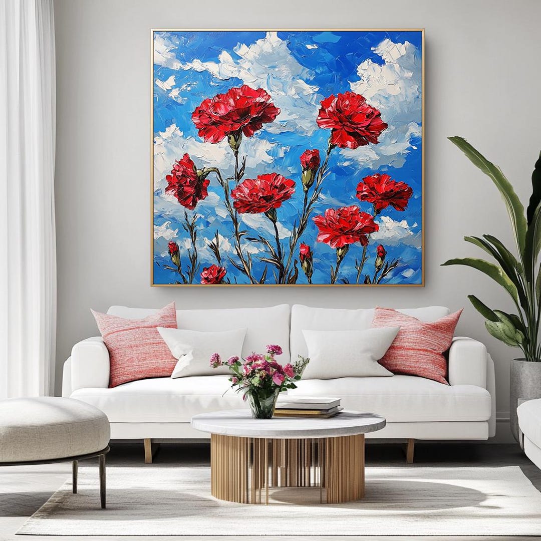 油絵 絵画 【赤いカーネーション】 赤いカーネーションの油絵（キャンバス）、抽象的な花の壁アート