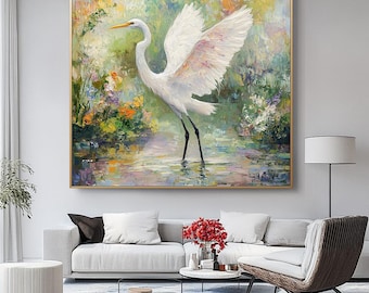 Textured Egret Oil Painting on Canvas: Elegant Chinese Style Art