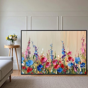 Art mural texturé 3D avec empâtements lourds, fleurs colorées, fleurs peintes à la main, art mural de salon, décoration murale, cadeau pour un père ou une femme