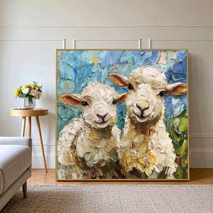 Sheep Painting Oil, Two Sheep Art Painting On Canvas Sheep Painting Original, Lamb Painting Farmhouse, Sheep Wall Art,Framed Sheep Art Gift