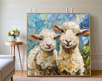 Sheep Painting Oil, Two Sheep Art Painting On Canvas Sheep Painting Original, Lamb Painting Farmhouse, Sheep Wall Art,Framed Sheep Art Gift