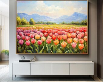 Impasto Tulip Oil Painting: Colorful Floral Canvas Art Landscape Flower Moutain Painting Mordern Decoration