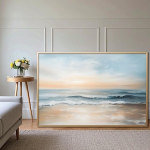 Blue Ocean Waves Canvas Painting: Textured Seawater, Framed Beach Decor