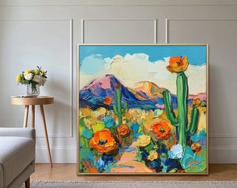 Textured Cactus Field Oil Painting: Mountain Desert Landscape