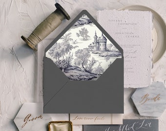 Druckbare Umschlageinlagen-Vorlagen in 12 verschiedenen Größen, französisches Baum-Toile-Design, bedruckte Umschlageinlagen für Hochzeitseinladungen