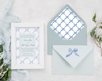 Blaue Schleife Aquarell Band, SET VON 12, bedruckte Umschlag Liner für Hochzeitseinladungen, Umschlag Liner, druckbare Hochzeit, Umschlag Design