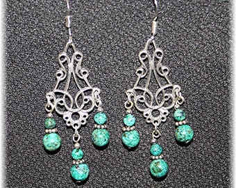 Sterling Silver Chandelier Earrings, with Lush Green Chrsocolla Gemstones    Chand814-12