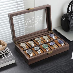 Custom PU Leather Watch Box, 10/12 Slot Wood Texture Leather Watch Case, Groomsmen Gifts, Men Watch Box, Anniversary Gift, Father&#39;s Day Gift
