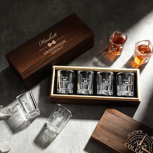 Personalized Wooden Whisky Glass Set, Groomsmen Gift, Barware Gift for Him, Gift for Dad, Whiskey Lover, Anniversary Gift, Custom Glass Set