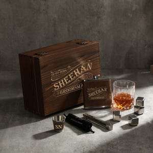 Custom Engrave Whiskey Wood Box Set with Glass and Leather Flask, Personalized Barware Set, Anniversary Gift, Gift for Dad, Groomsmen Gift