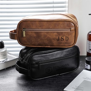 Custom Engrave Leather Wash Bag, Personalized Toiletry Bag for Men, Travel Kits, Men Wash Bag, Gift For Men, Groomsmen Gift, Gift for Dad
