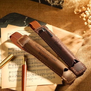 Custom Engrave Leather Pen Holder with Elastic Band, Travel Pen Storage, Personalized Leather Pen Sleeve, Pen Case for Journal, Teacher Gift