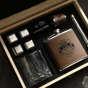 Custom Engrave Whiskey Wood Box Set with Glass and Leather Flask, Personalized Barware Set, Anniversary Gift, Gift for Dad, Groomsmen Gift