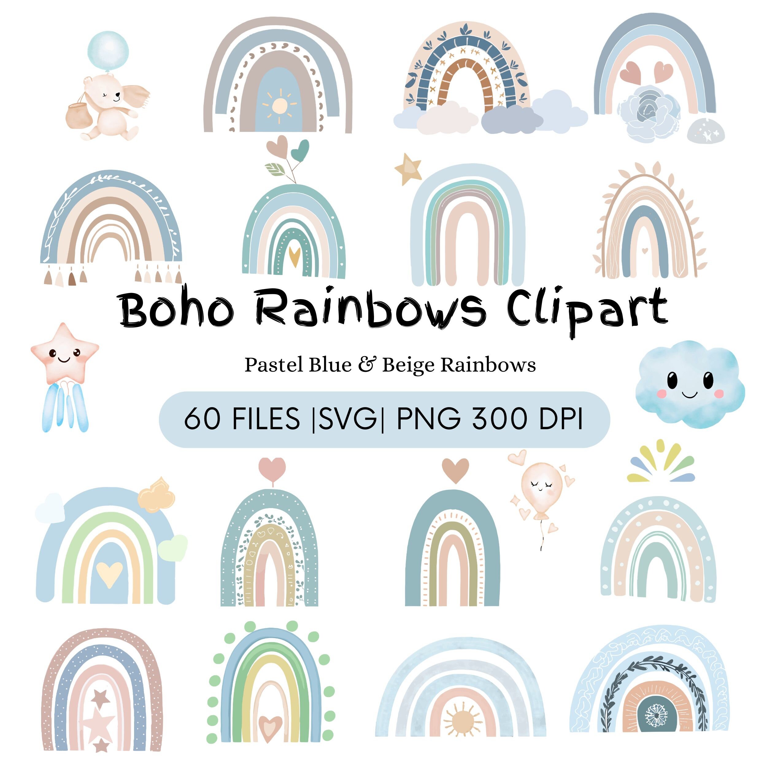 Boho Rainbows Clipart SVG, Pastel Blue & Beige Rainbow PNG, Baby ...