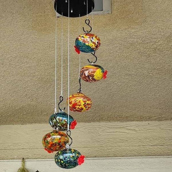 Hand Blown Glass Hummingbird Feeder Wind Chime 6 Balls Feeding Stations Multicolor Single Mouth Hanging Design Outdoor Garden Decoration
