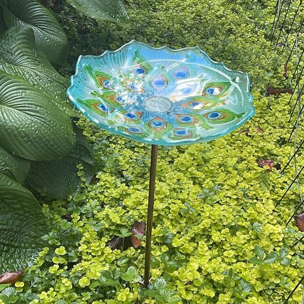 Peacock Glass Bird Bath 25 Inches Height Waterproof Garden Outdoor Birdbath Birdfeeder Bird Water Bowl Feeding Station with Metal Stake