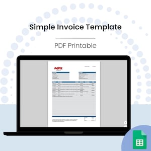 Może przedstawiać: Ekran komputera wyświetlający prosty szablon faktury w formacie PDF. Szablon nosi tytuł "Prosty szablon faktury" i ma niebiesko-białą kolorystykę. Faktura jest dla Acme Hardware.