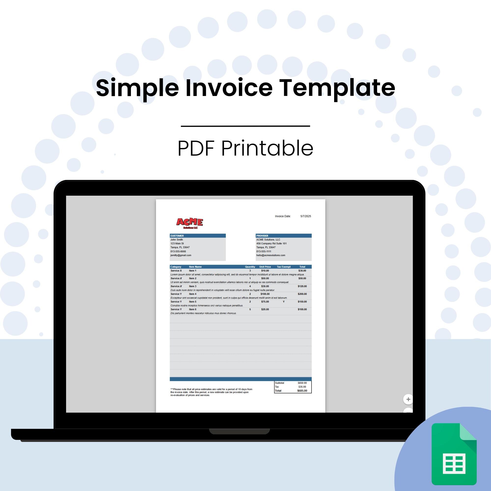 Editable Invoice Template: Printable, Clean, Simple (google Sheets) - Etsy