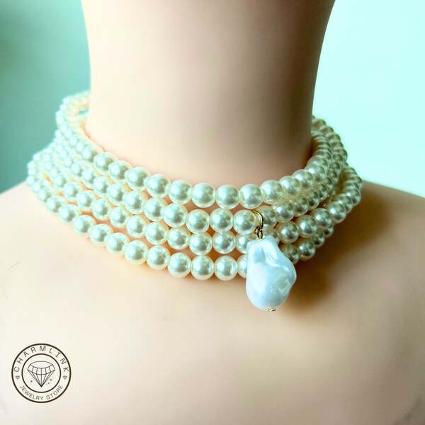 White Pearl Crystal Necklace, Multi Layer Short Choker Necklace, Swarovski Beaded Pendant, Elegant Bridal Jewelry Gift