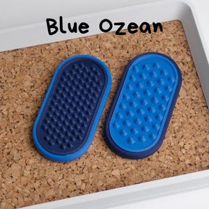 May include: Two blue oval pet grooming tools with textured surfaces are displayed on a corkboard. The text "Blue Ozean" is written in black above the objects. The tools are in a white tray.