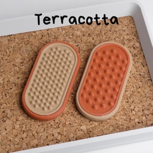 May include: Two terracotta-coloured, oval-shaped objects with textured surfaces, displayed on a corkboard within a white tray. The word "Terracotta" is written in black above the objects. The objects have a beige and orange colour scheme.