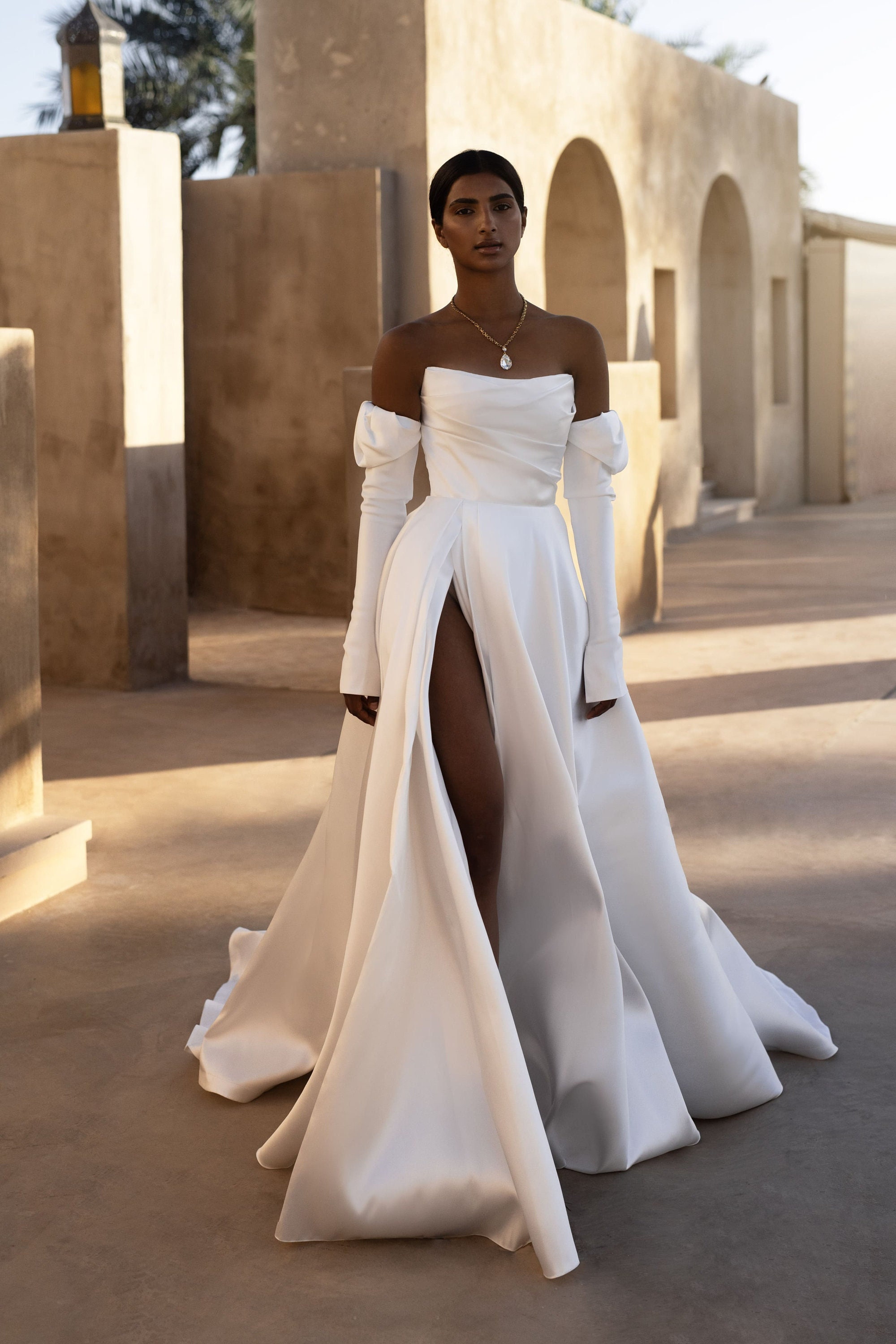 Eva Fashion 3512 A Line Simple Long Slit Wedding Dress main image 1