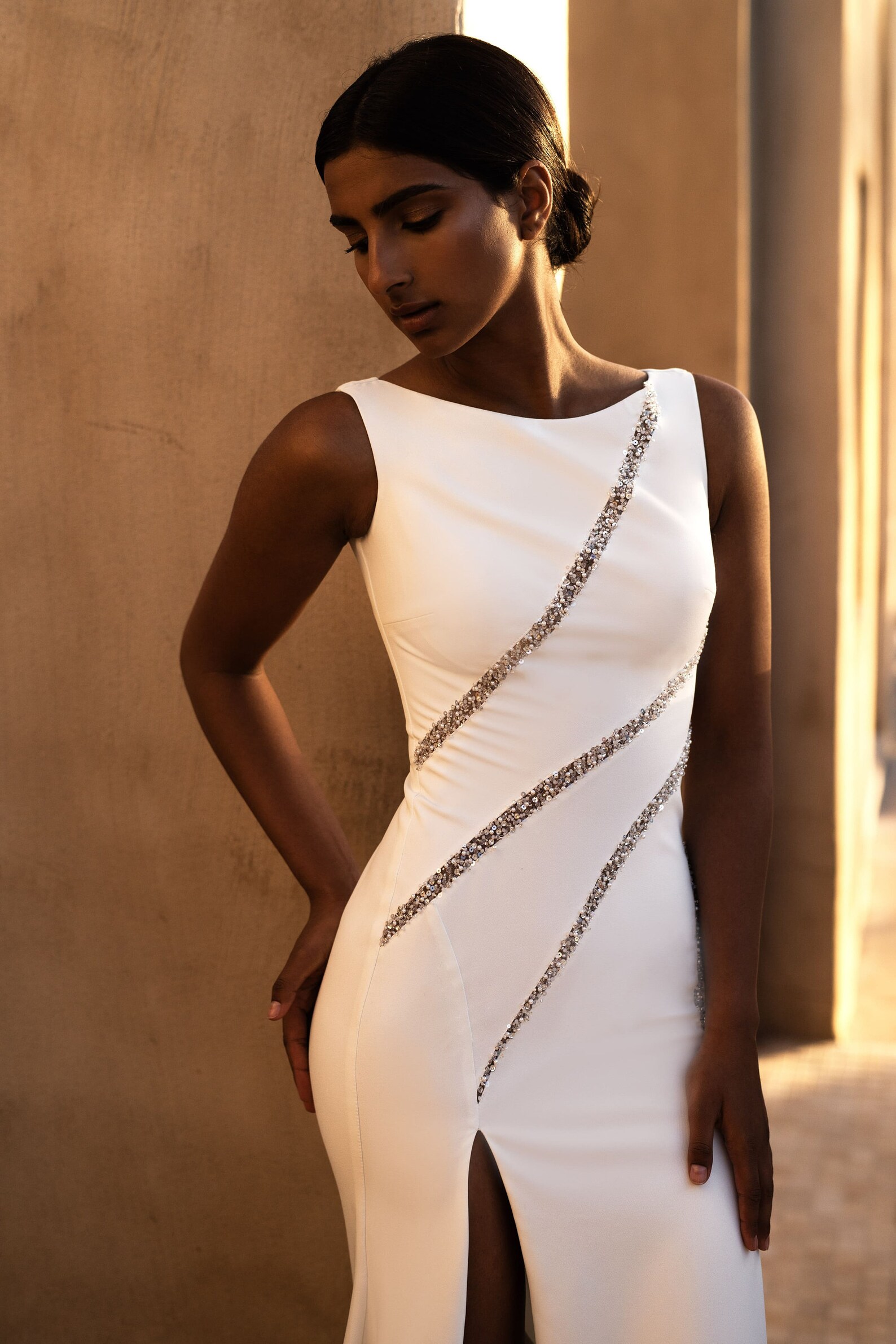Crepe Dress With Beaded Orchid Cut-Outs