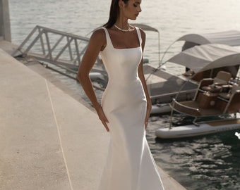 Elegant Mikado Square Neckline Wedding Dress with Wide Straps - Farzet