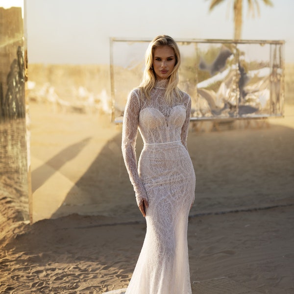 Stunning Fitted Wedding Dress with Removable Tulle Skirt and Long Sleeves Marina