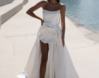 Stunning Satin A-Line Wedding Dress with Flower Detail and Slit - Diva