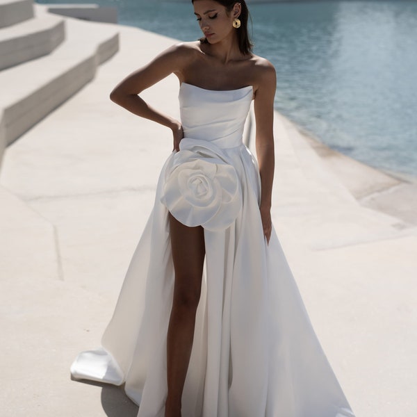 Stunning Satin A-Line Wedding Dress with Flower Detail and Slit - Diva